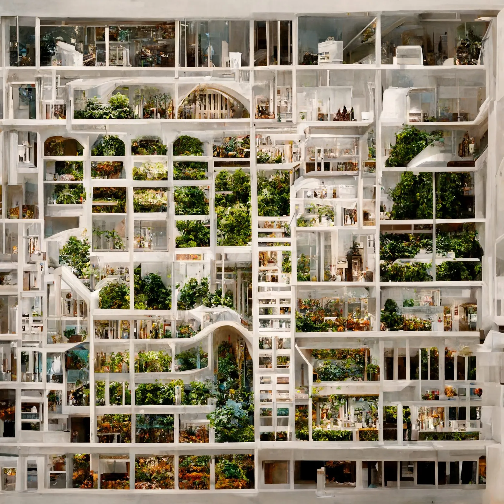 A generated photograph of a white model of a London superblock, its floors lined with shelves of miniature rooms and plants, standing in a gallery