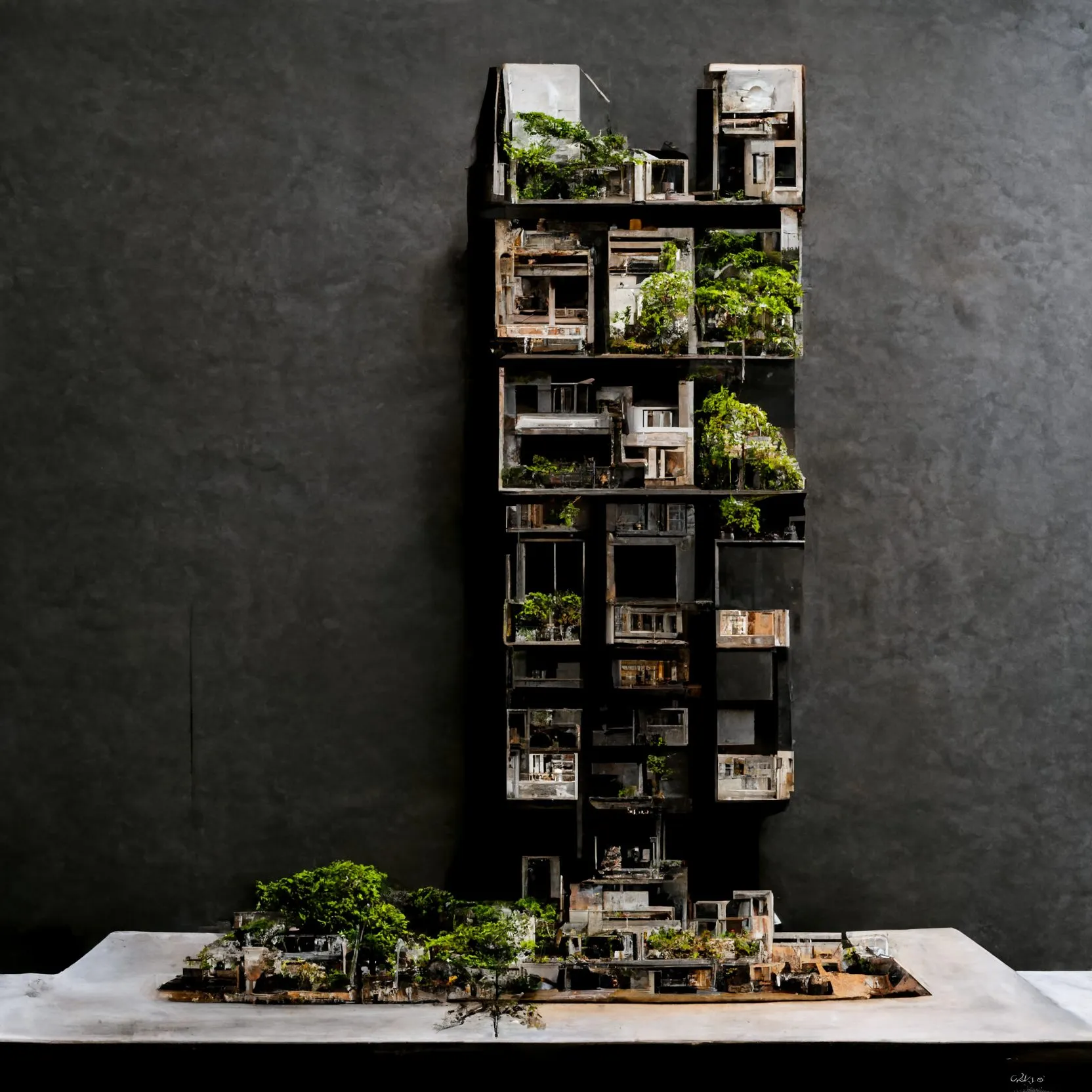 A generated model of a slender São Paulo slab house with planted balconies, standing on a wooden table against a dark wall