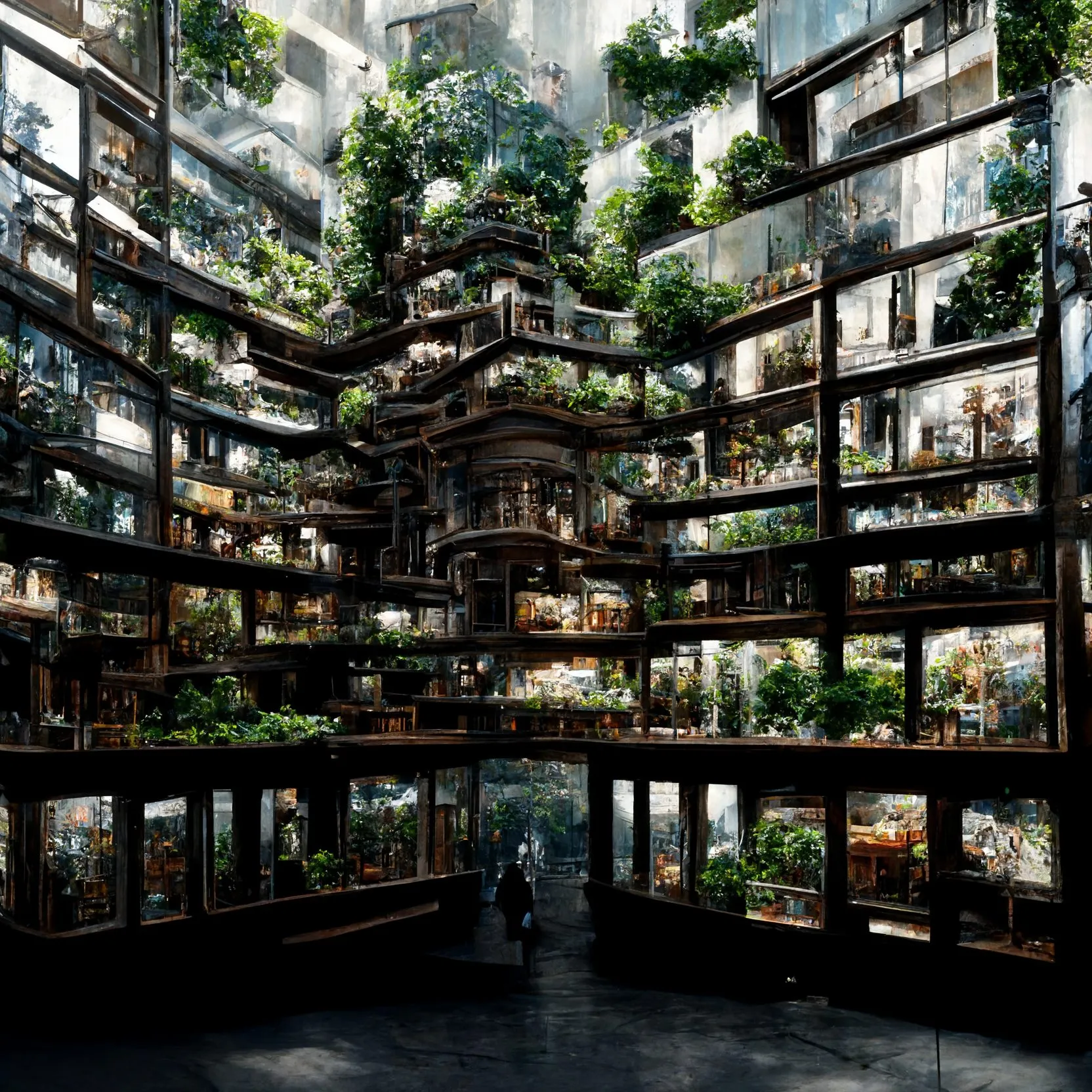 A generated view into a dark Tokyo atrium, galleries of small apartments rising around a planted court