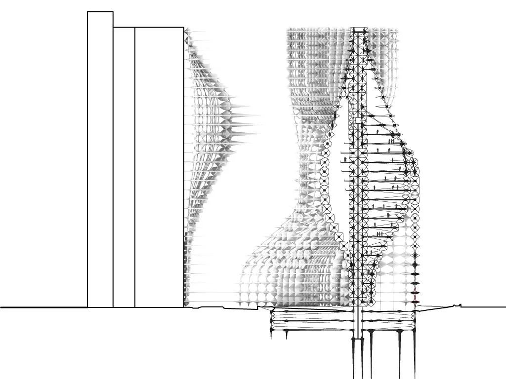 Section drawing of the lattice tower: a stack of star-shaped elements swelling and narrowing along its height, next to plain blocks