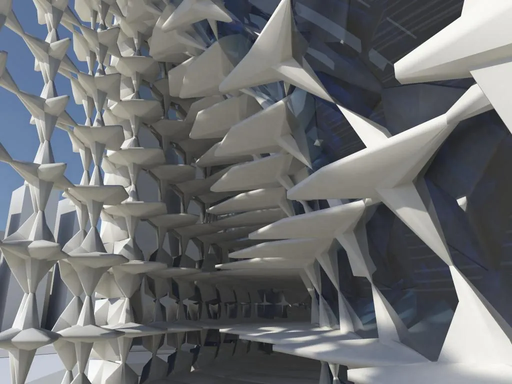 Rendering of a tower of white star-shaped lattice elements twisting as it rises among plain blocks