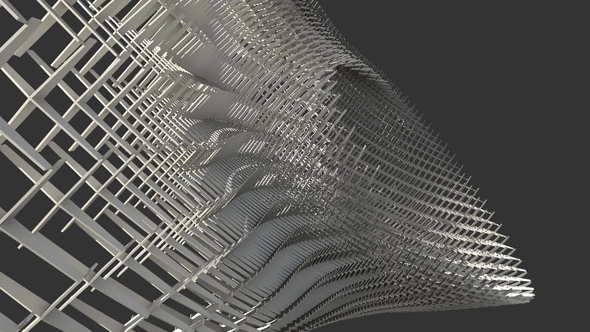 Rendering of a white lattice of thin bars twisting into a funnel, each layer turned slightly against the last