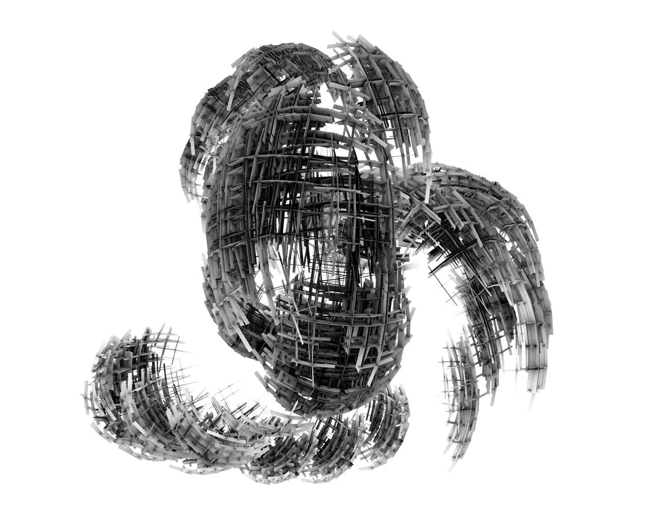Rendering of a cloud of thin black flakes swirling into a spiral on white