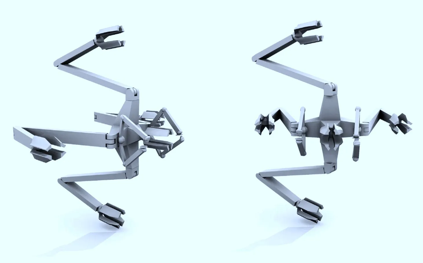 Rendering of the laser-cutting spider: a grey machine with jointed legs, shown from two sides