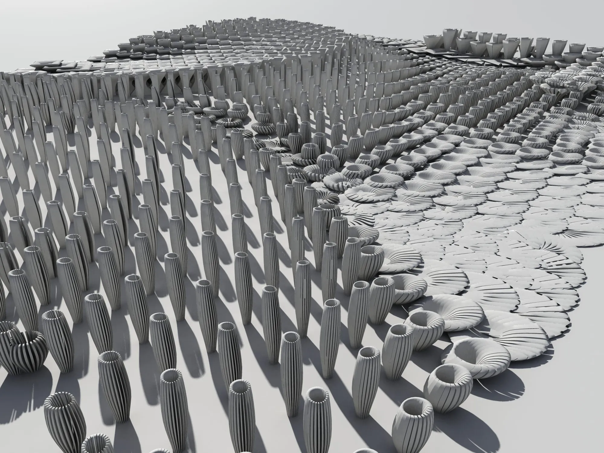 Rendering of a grey field of ribbed tubes and cups of different heights, rising and falling like a landscape