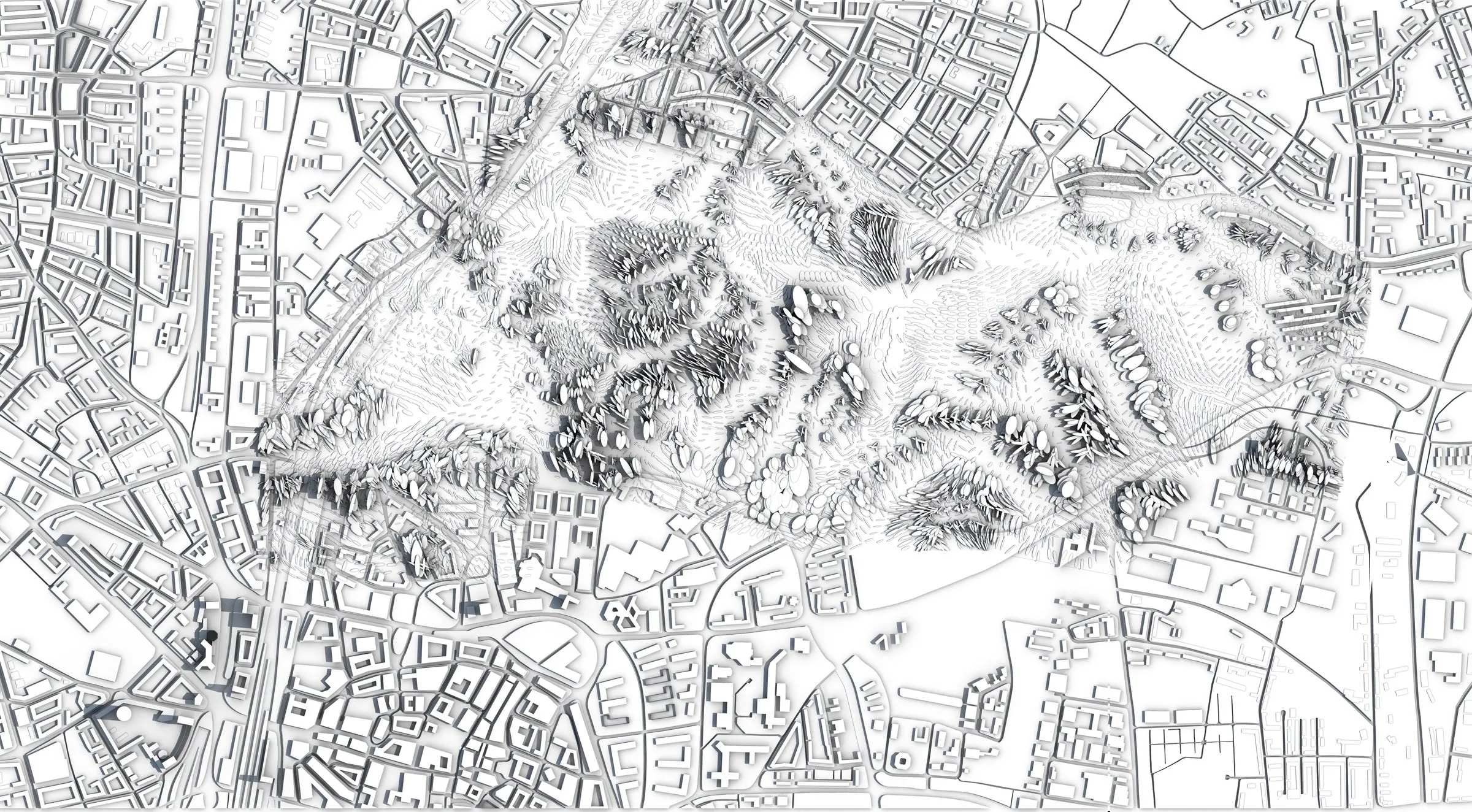 Plan drawing of the Krupp belt in Essen: the new configuration drawn as a dense relief of small marks between the existing blocks