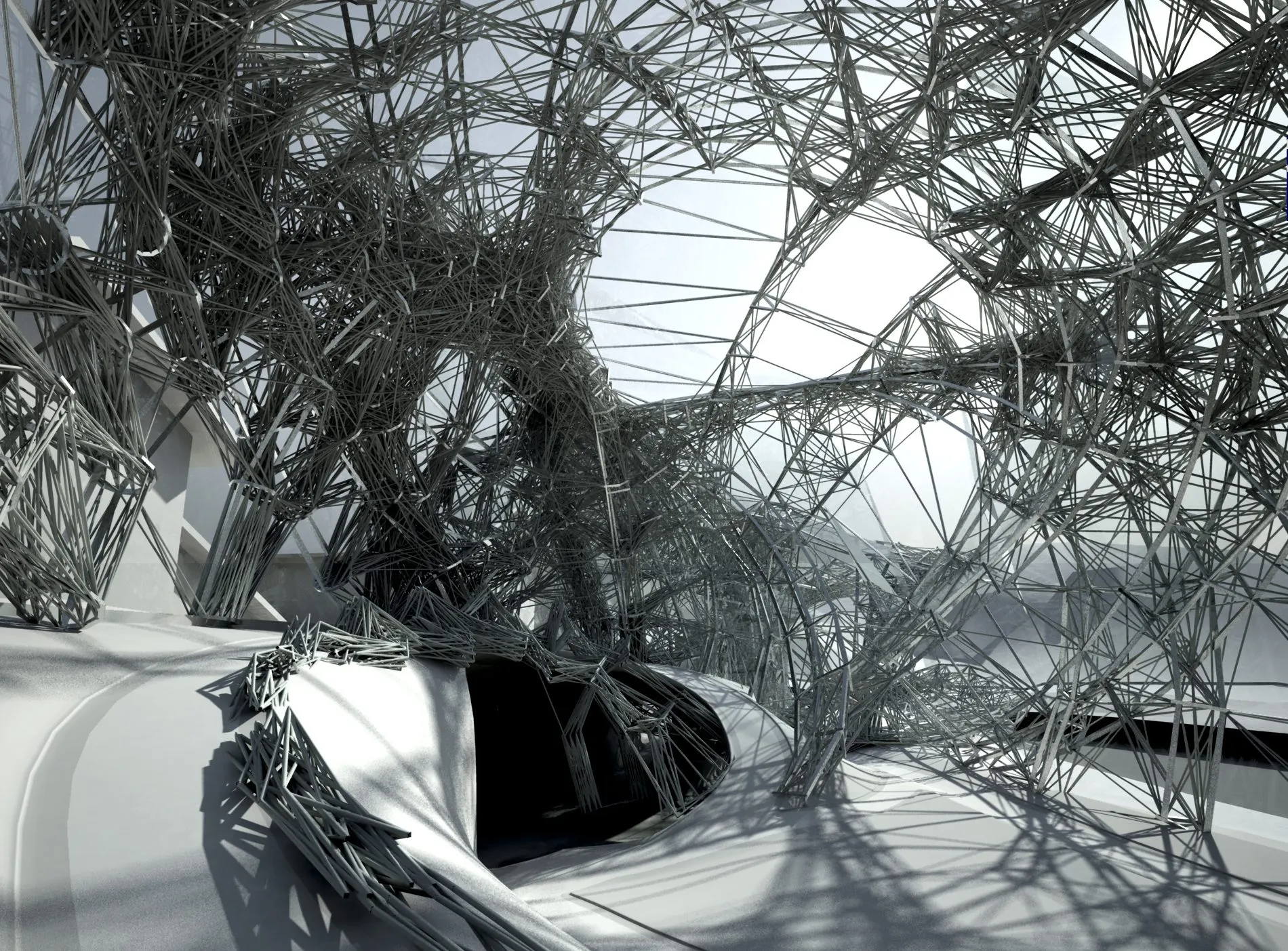 Rendering of a glasshouse as a low, bulging web of thin members set against a snowy village