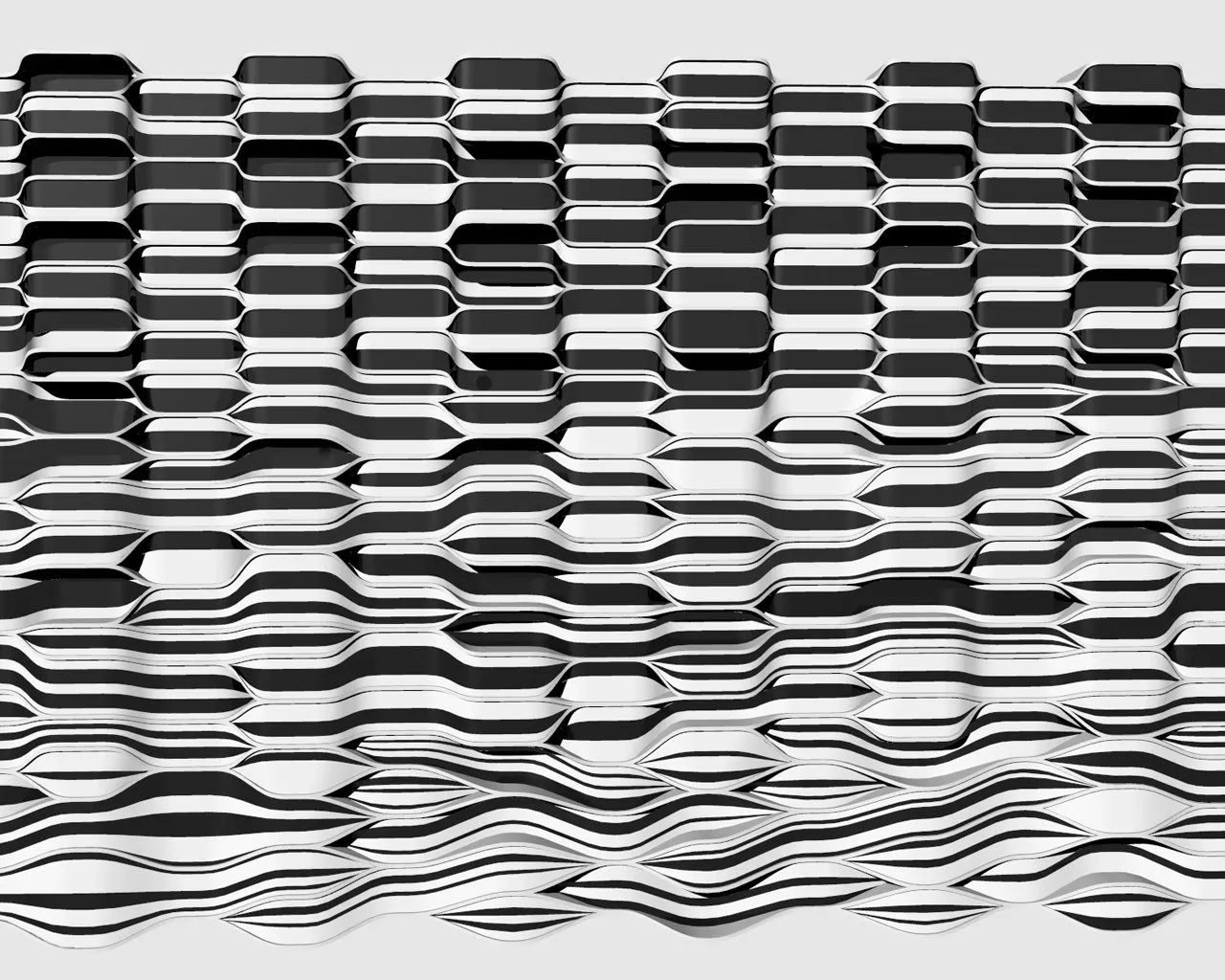 Rendering of the facade as rows of split bands that open and close like a woven pattern