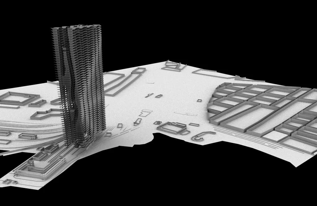 Rendering of the tower on a white site model against black, its stacked plates rising above the surrounding blocks