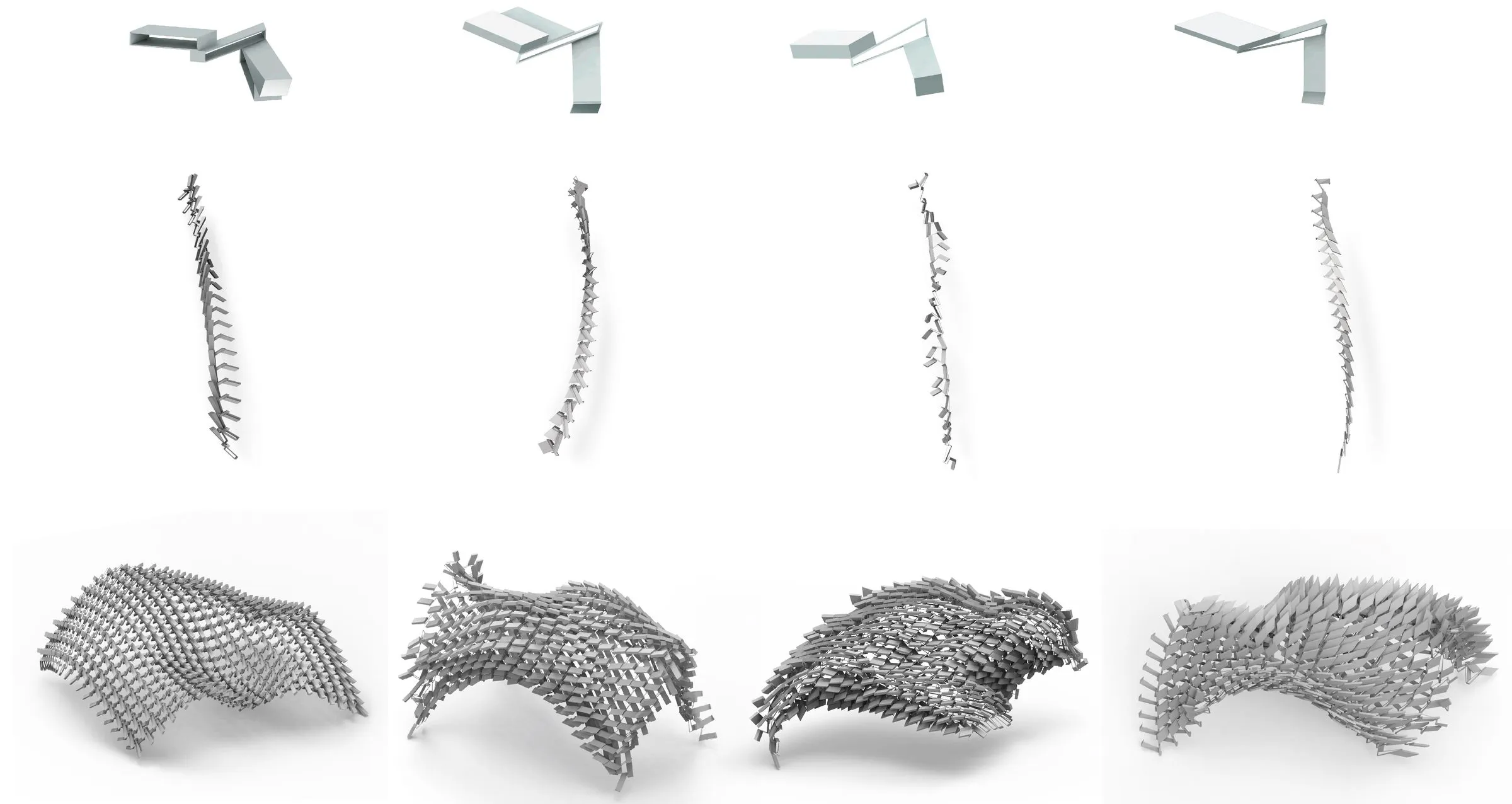 Four rows of small grey elements and the curved figurations each produces in a rigid-body simulation