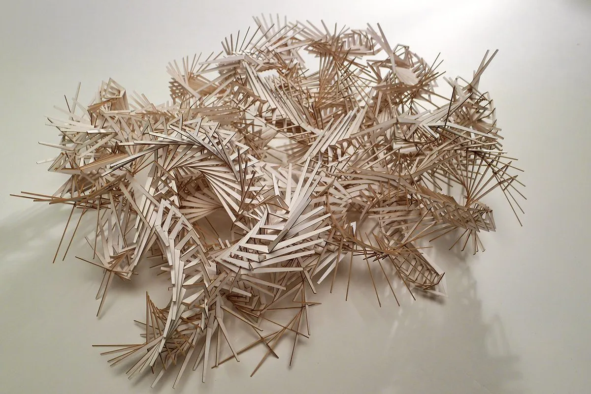 A tangled assembly of thin wooden elements photographed on a white ground