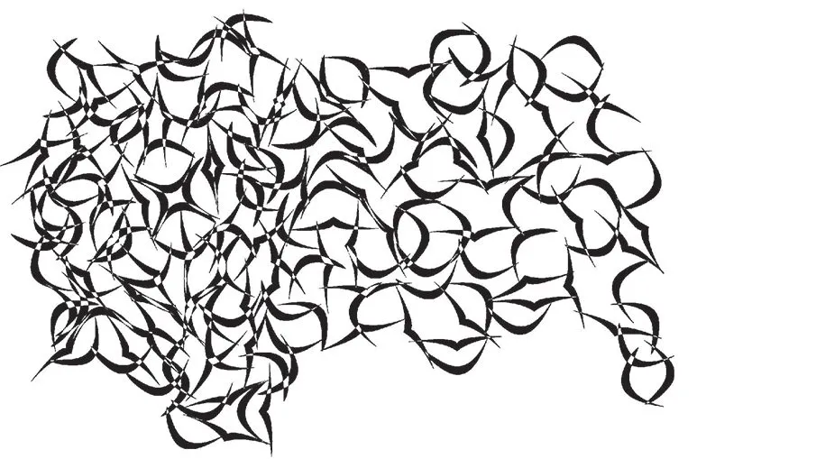 A black-and-white drawing of interlocking curved figures forming a dense field