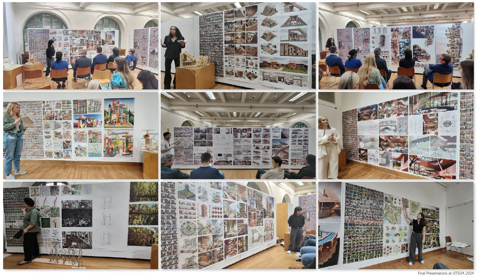 Students presenting boards of generated studies to a jury in the school's hall