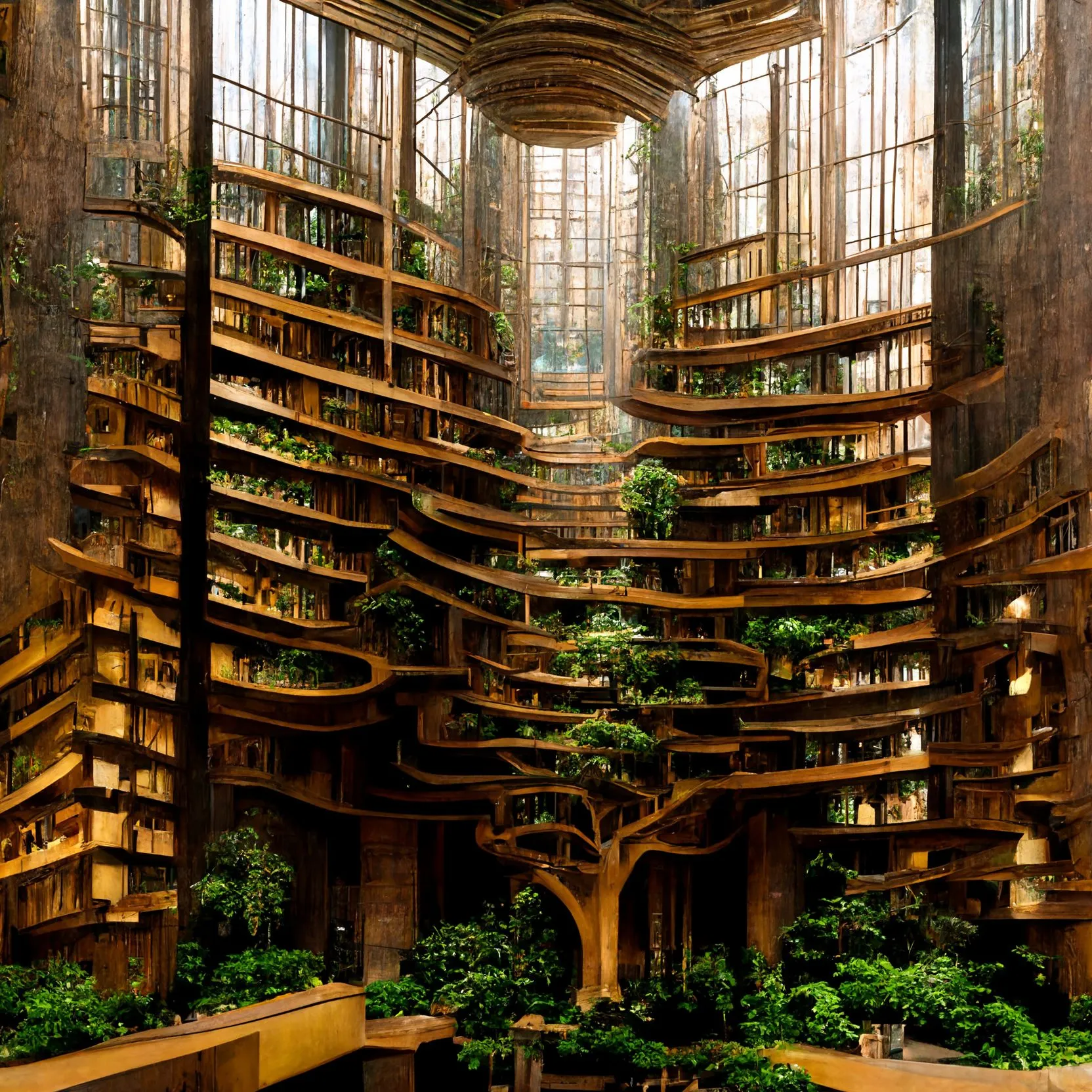 A generated view of a vast atrium in which a living tree trunk rises through tiers of curved timber galleries under a skylight