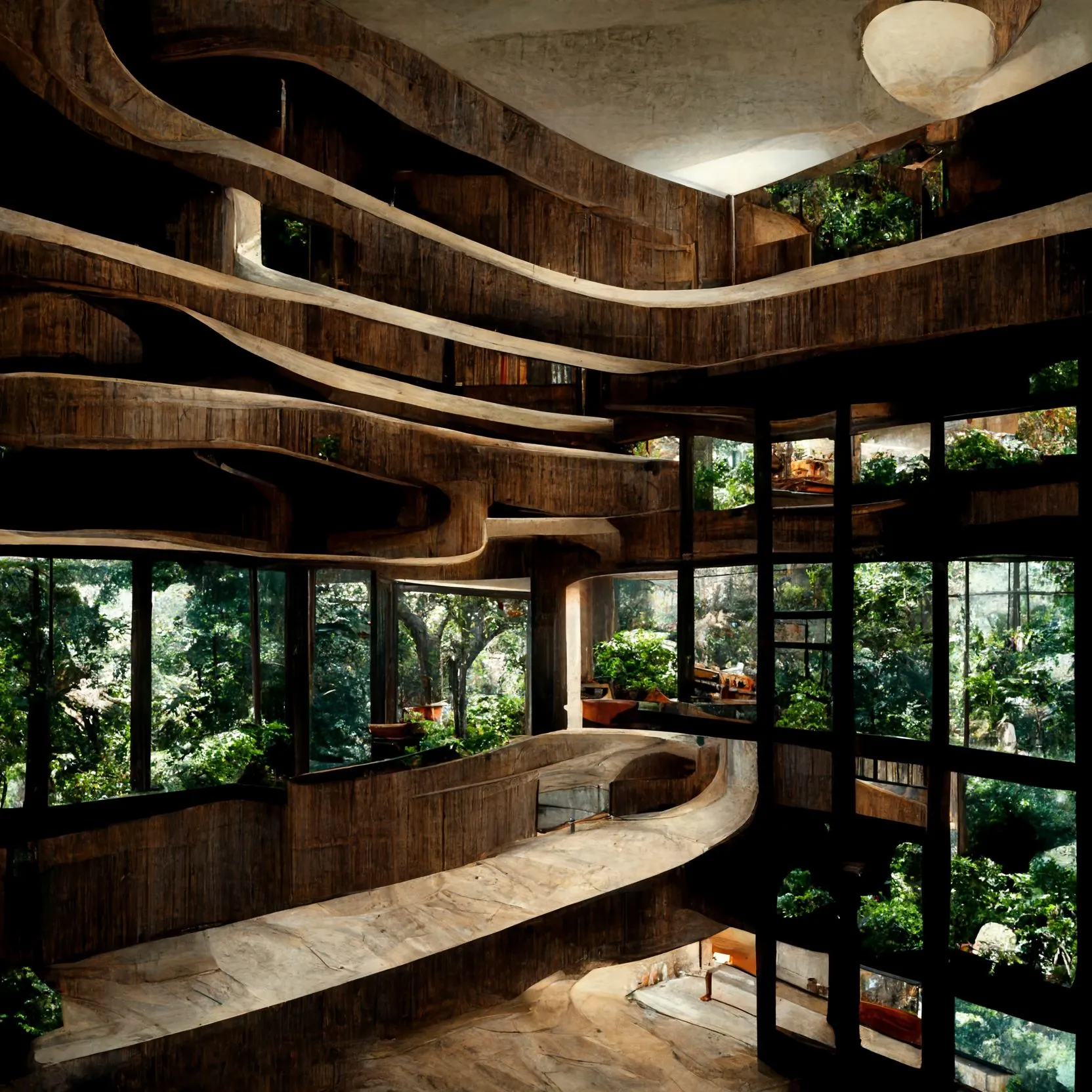 A generated interior with a curved timber balcony and dense planting against a window wall