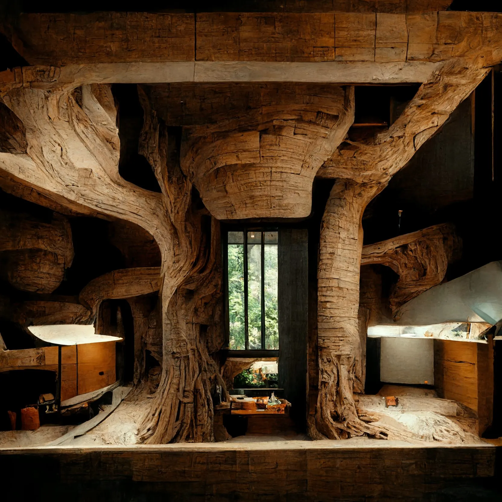 A generated interior in which a living trunk forms the column of a timber room with a window onto the city