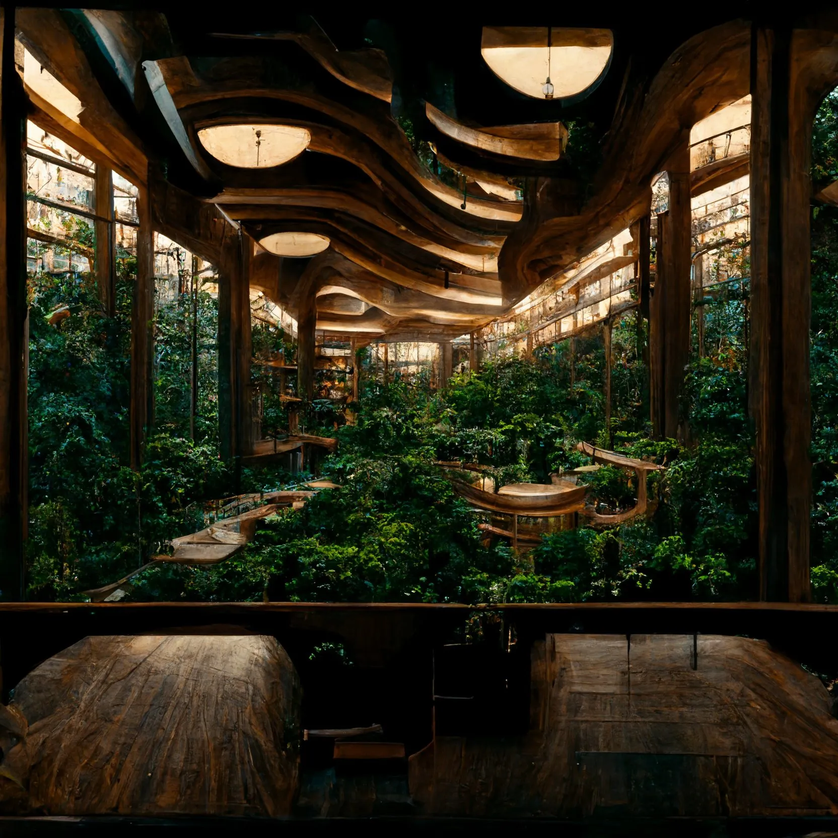 A generated interior at forest-floor level with trees, a table, and daylight between the trunks