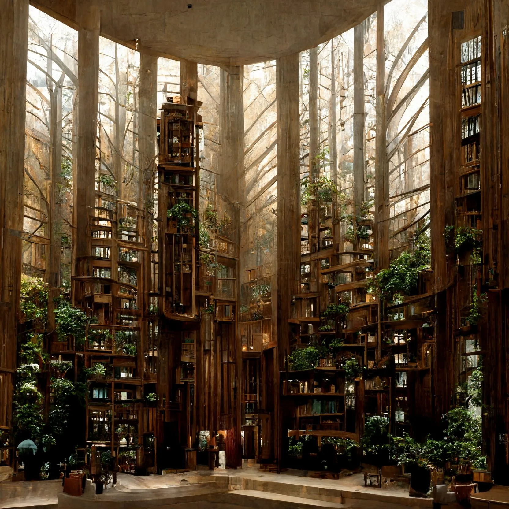 A generated view of a tall hall of tree columns with people walking between planted terraces