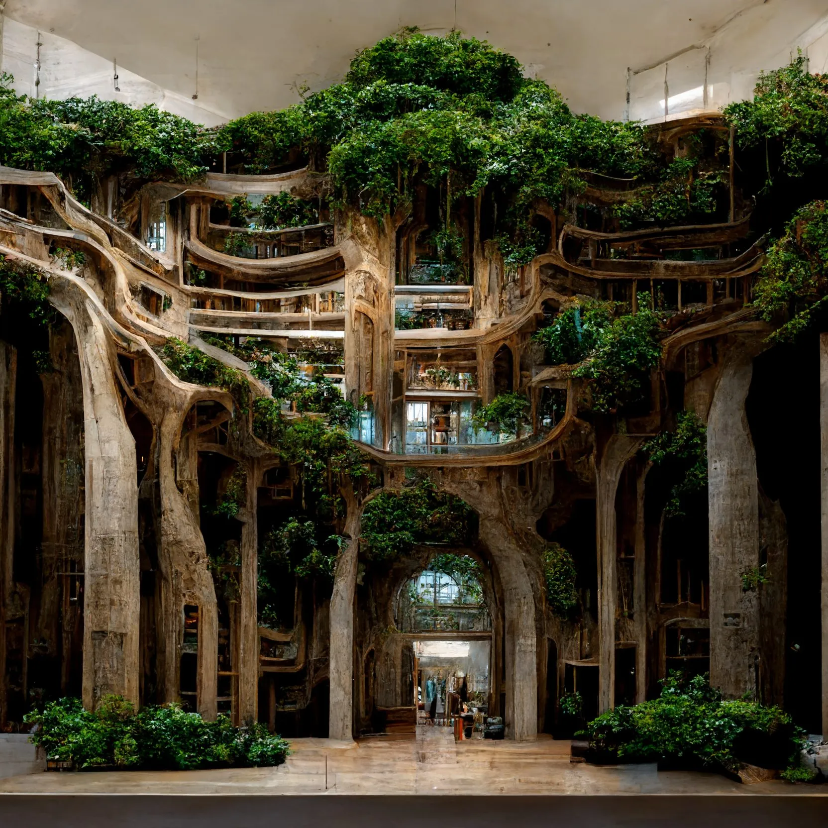 A generated hall of branching tree-like columns carrying greenery, with visitors below