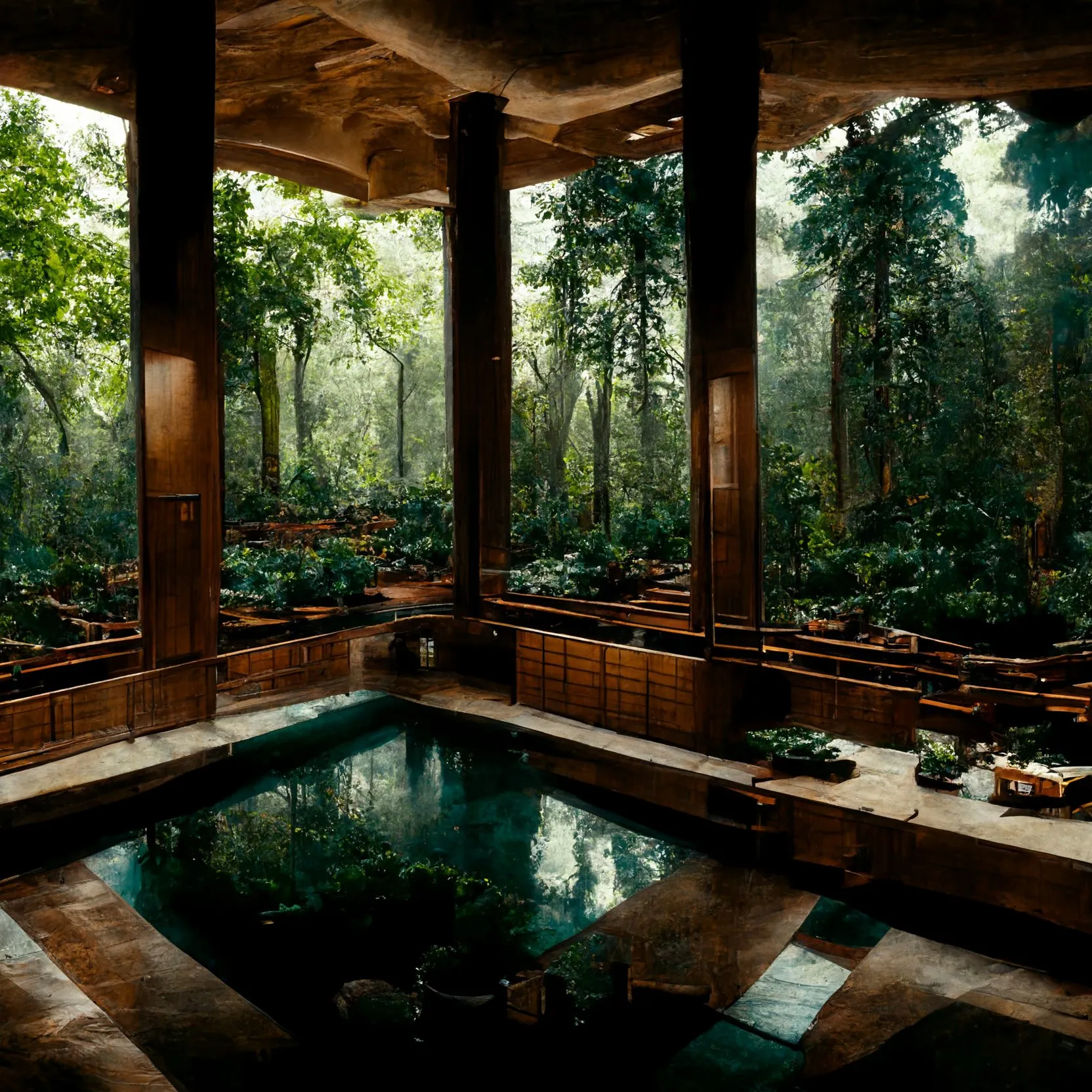 A generated pool room whose timber ceiling opens onto a forest