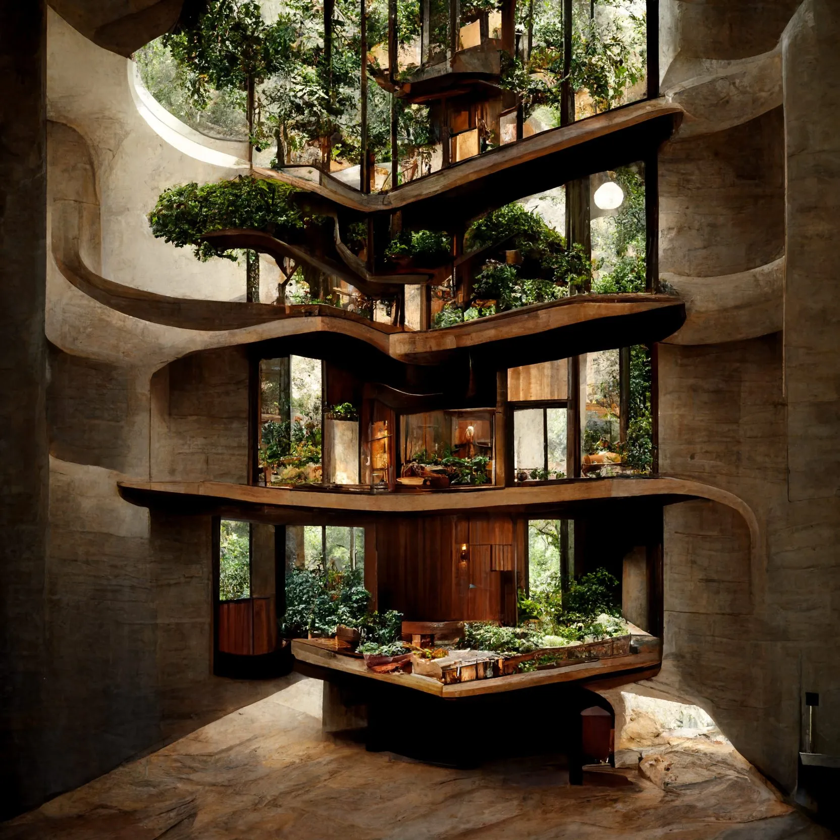 A generated tall interior in which a tree grows through stacked terraces toward a skylight