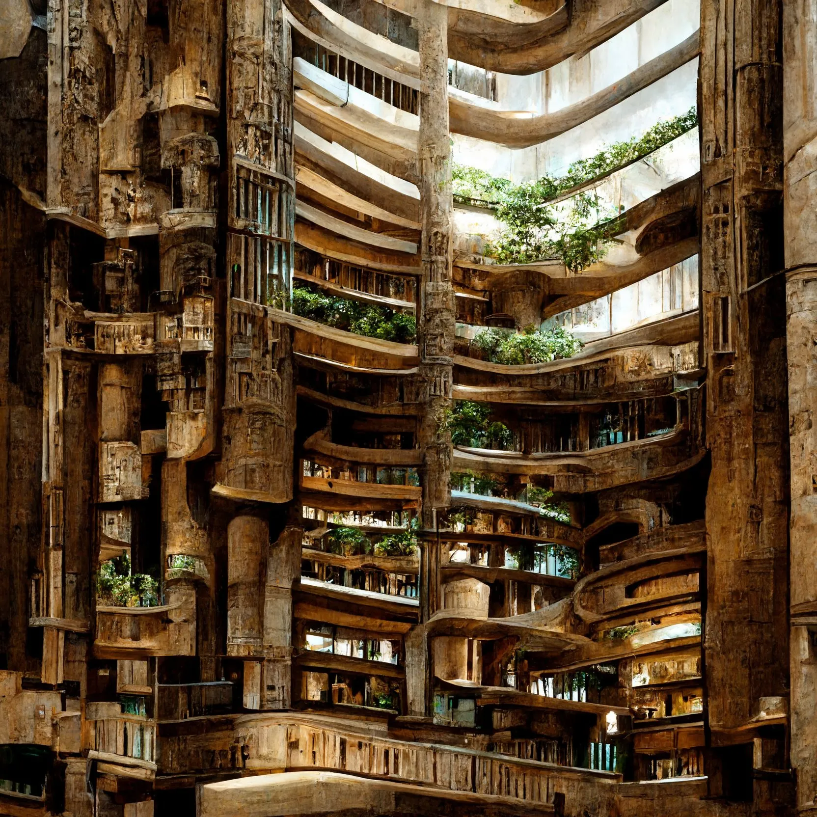 A generated view of stacked curving balconies filled with plants along a tall interior