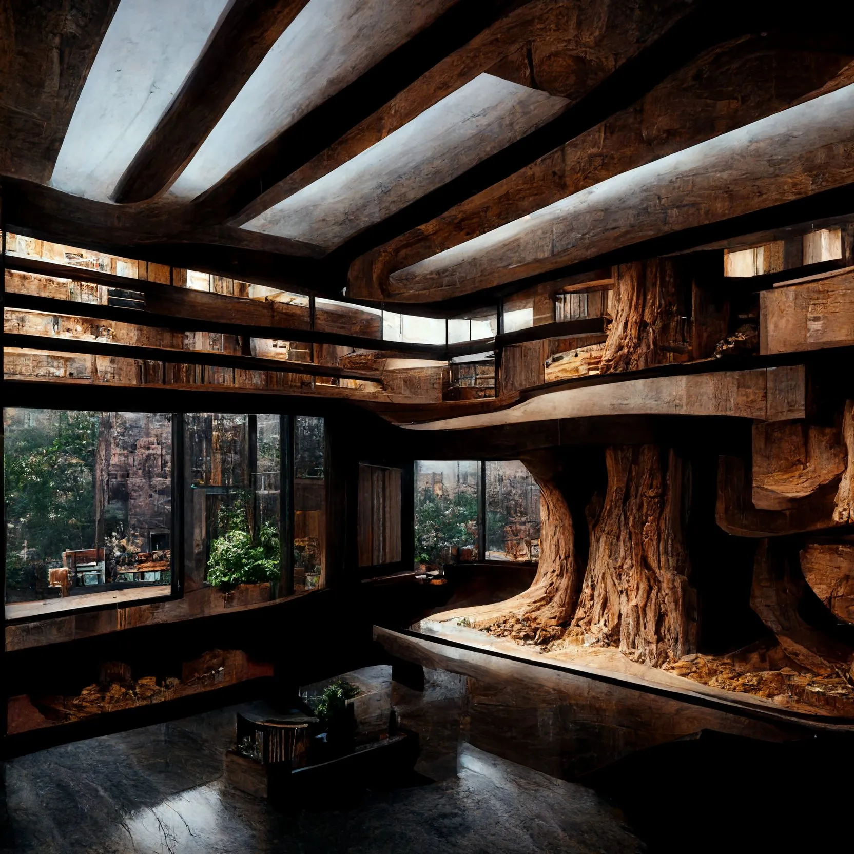 A generated room carved around a massive tree trunk, with shelves and a view of the city