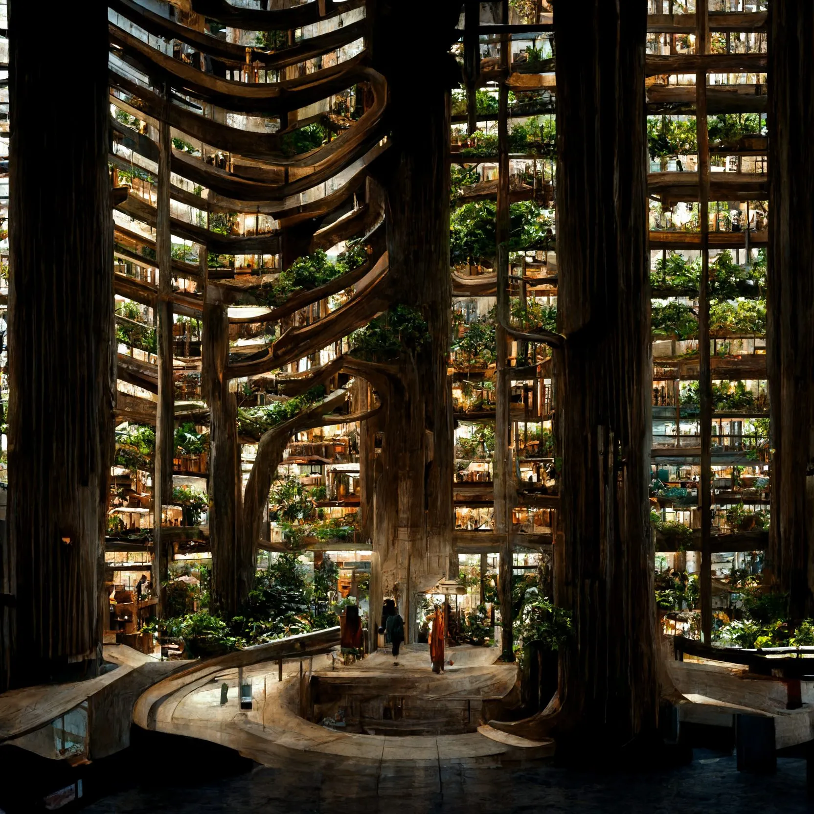 A generated view of galleries wrapped around thick tree trunks, with visitors on the lower floor