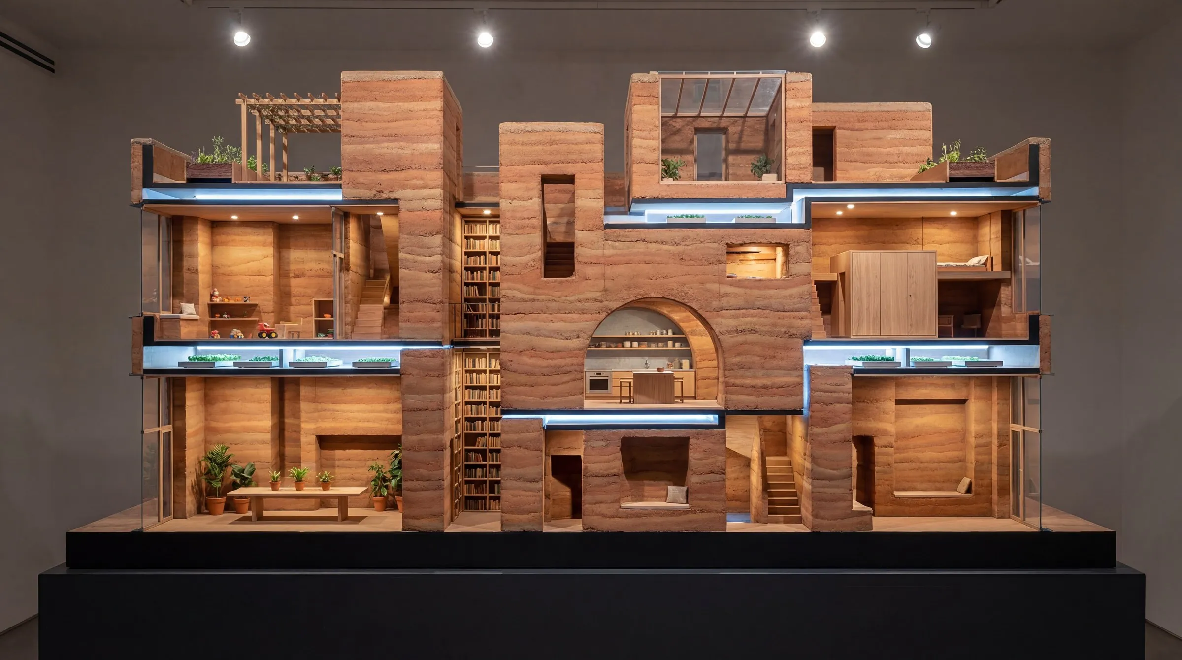 Model view of the Gießhof's street face: rammed-earth piers and cast-iron lattice trusses