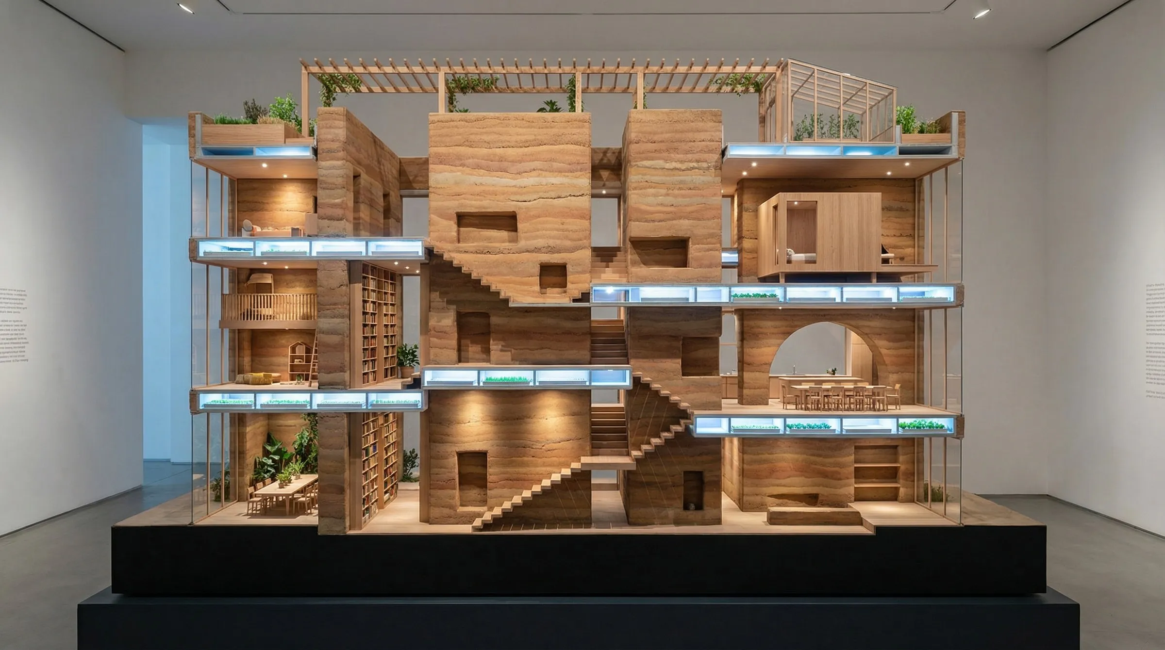 Interior sample of a tall earth volume with timber room-boxes