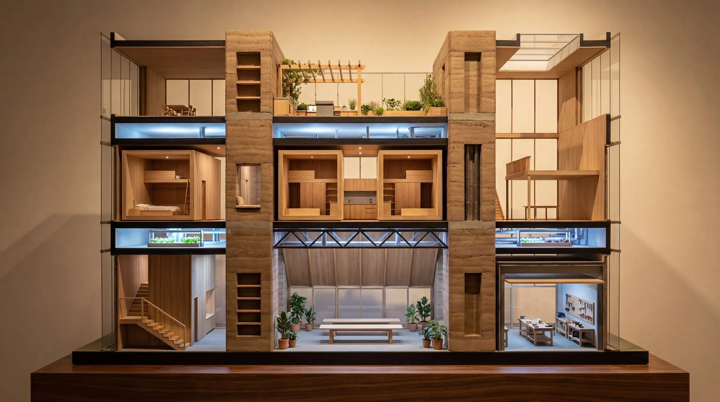 Sectional model of the Gießhof: three floors of warm rammed-earth rooms between dark truss bands with planted racks