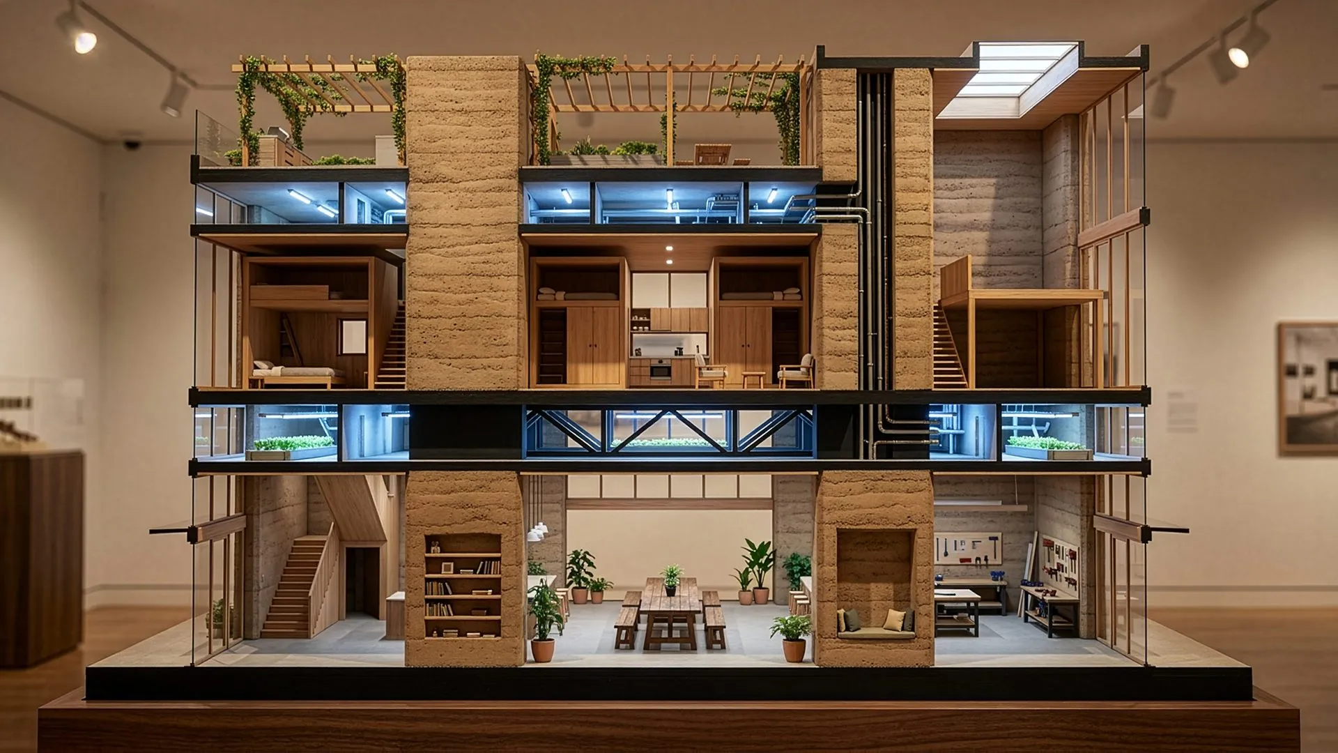 Sectional model of the Gießhof with the roof commons and planted racks