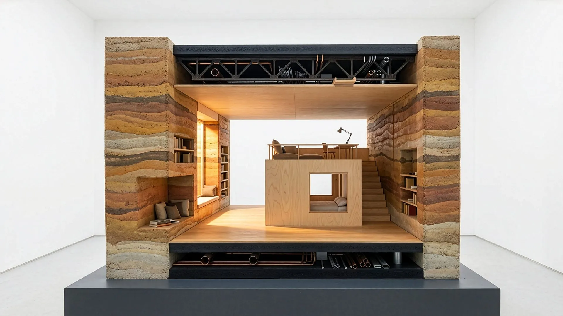 Sectional model of the Gießhof: a rammed-earth frame around a small timber house