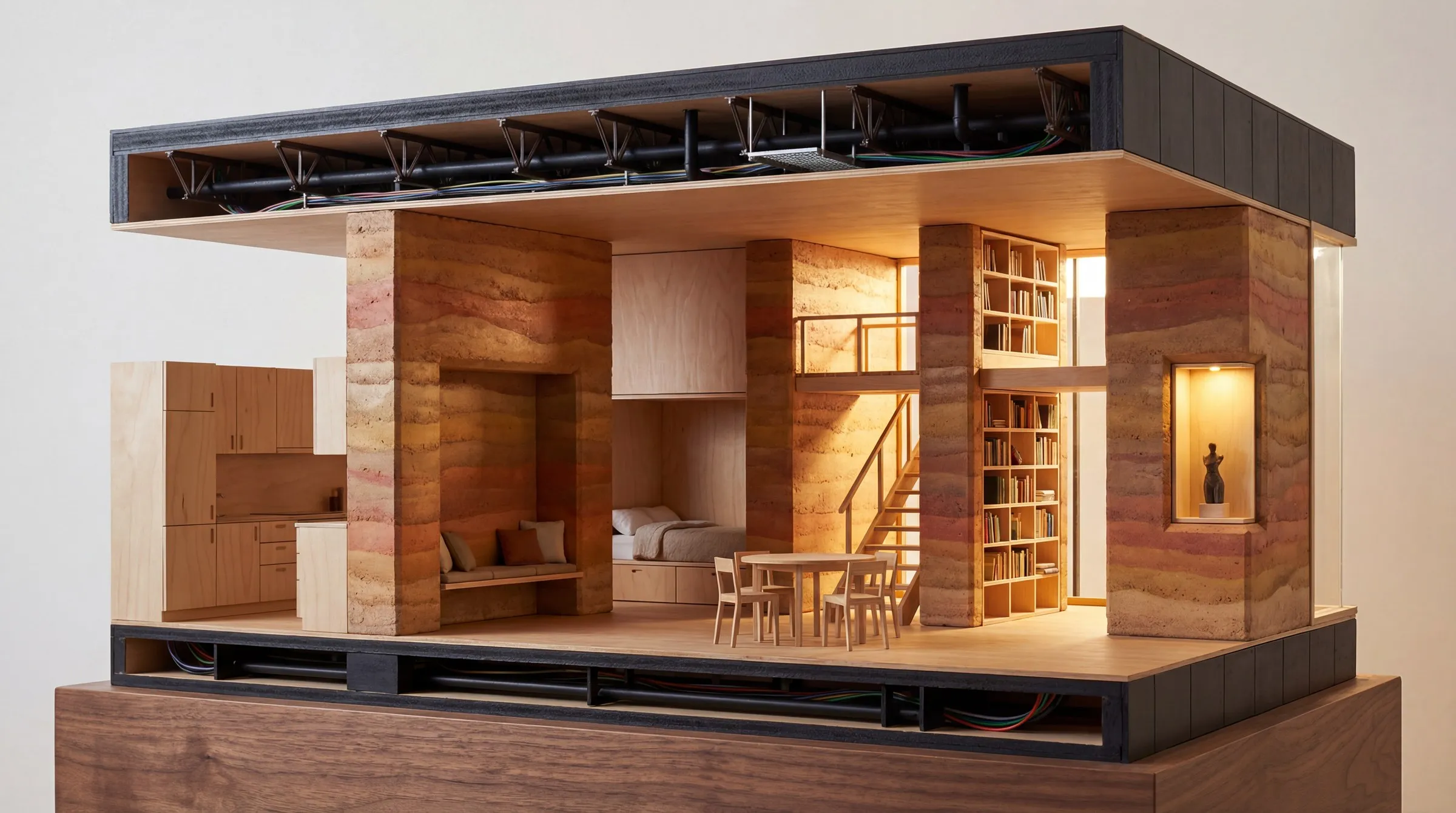 Sectional model view of the Gießhof: warm inhabited rooms in rammed earth alternating with dark truss floors