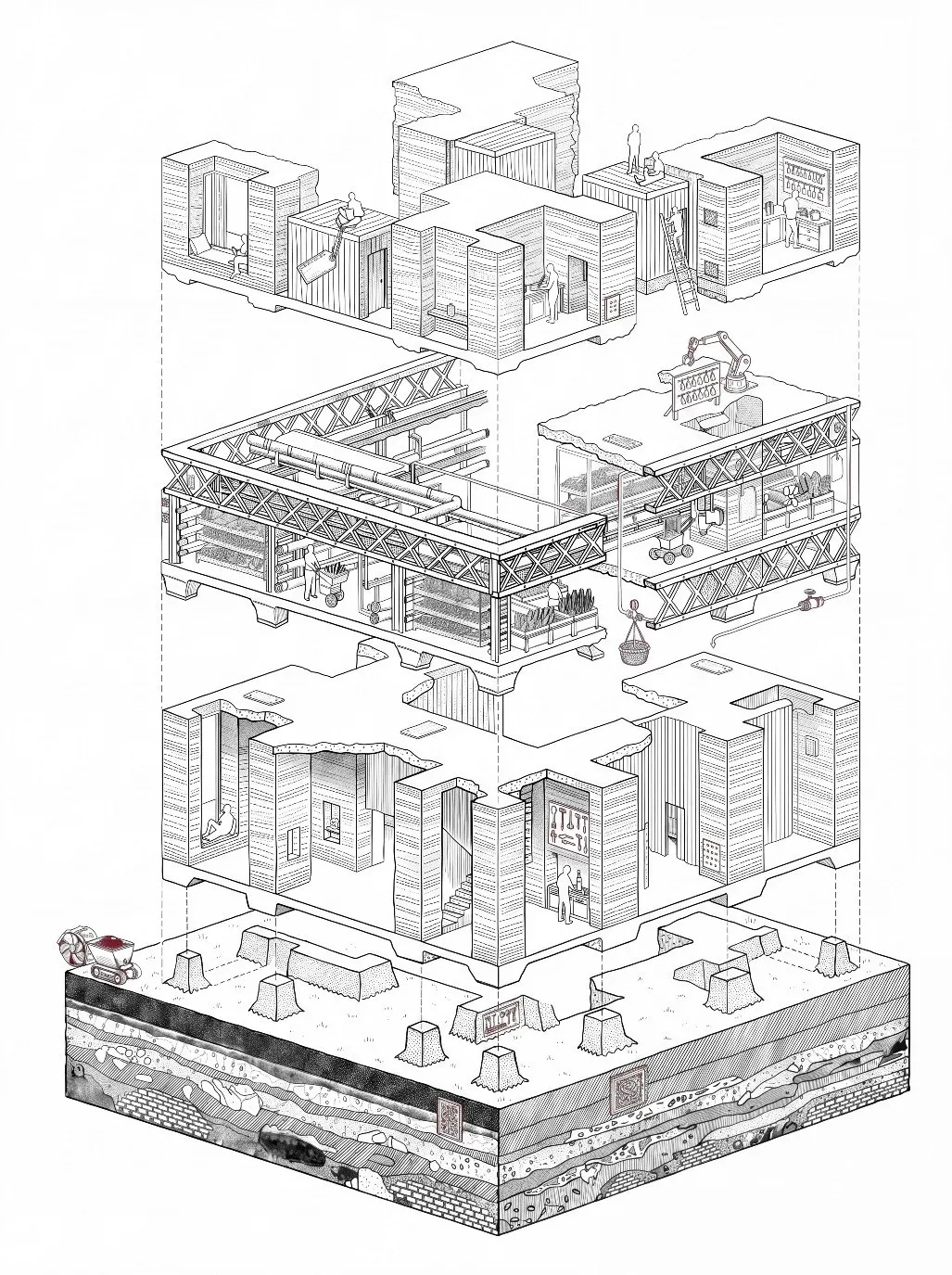 Isometric section from the roof commons down to the soil read as ore