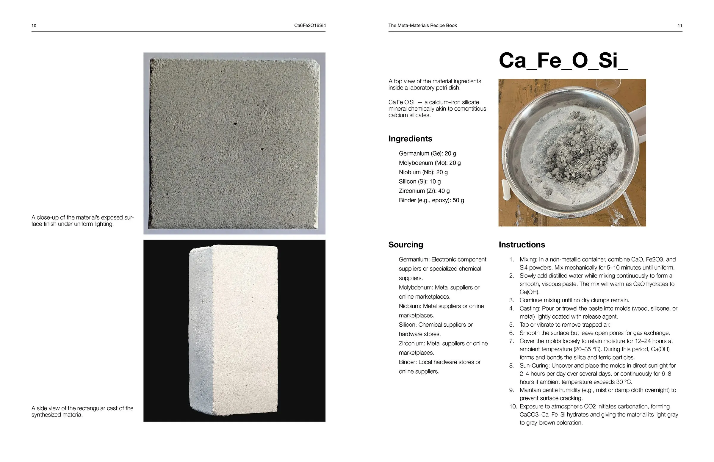 Two spreads of the Generative Matter Recipe Book: sample images and the recipe for Ca6Fe2O16Si4