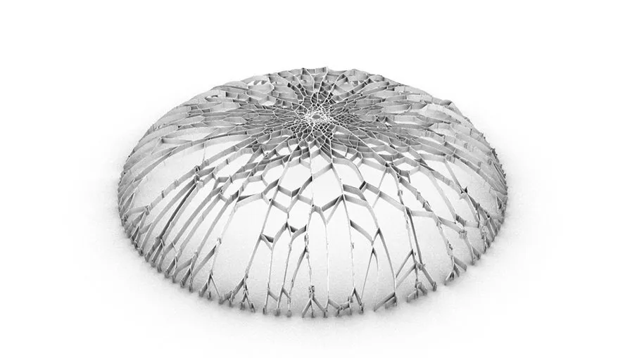 A shallow dome of cellular ribs, the cells smallest at the crown, rendered white on white