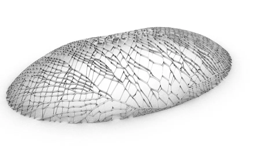 An elongated pod of cellular mesh lying on its side, rendered white on white