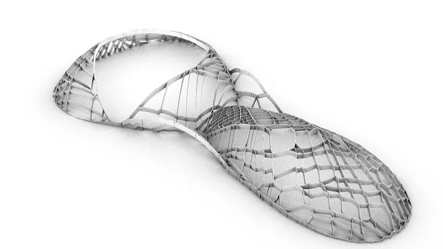 A long, low shell of cellular ribs, the cells widening from one end to the other, rendered white on white