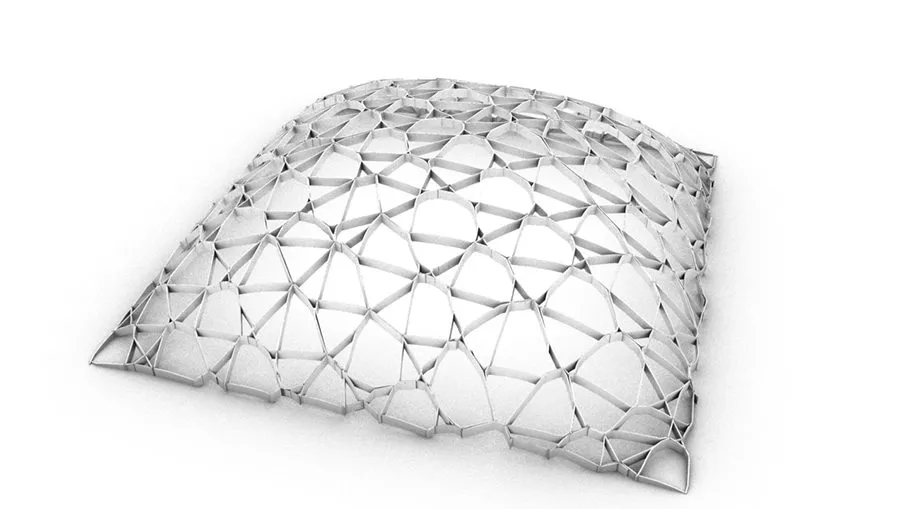 A square canopy of cellular mesh bulging upward, rendered white on white