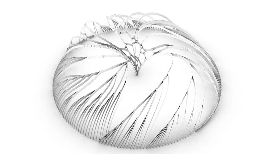 A closed shell of spiralling bands, like a bowl turned over, rendered white on white