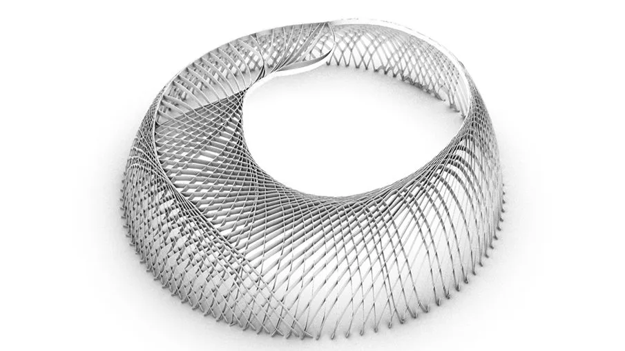 A ring woven from hundreds of thin lines, seen from above at an angle, rendered white on white