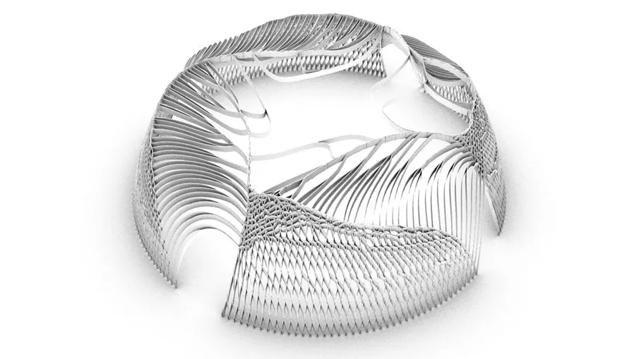 A drum of parallel lines with two openings cut into its wall, rendered white on white