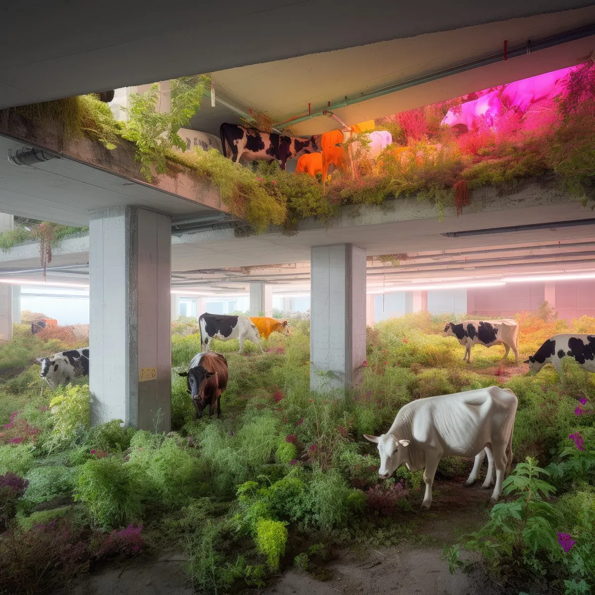 A generated photograph of a cow among flowering plants under magenta grow lights in a garage