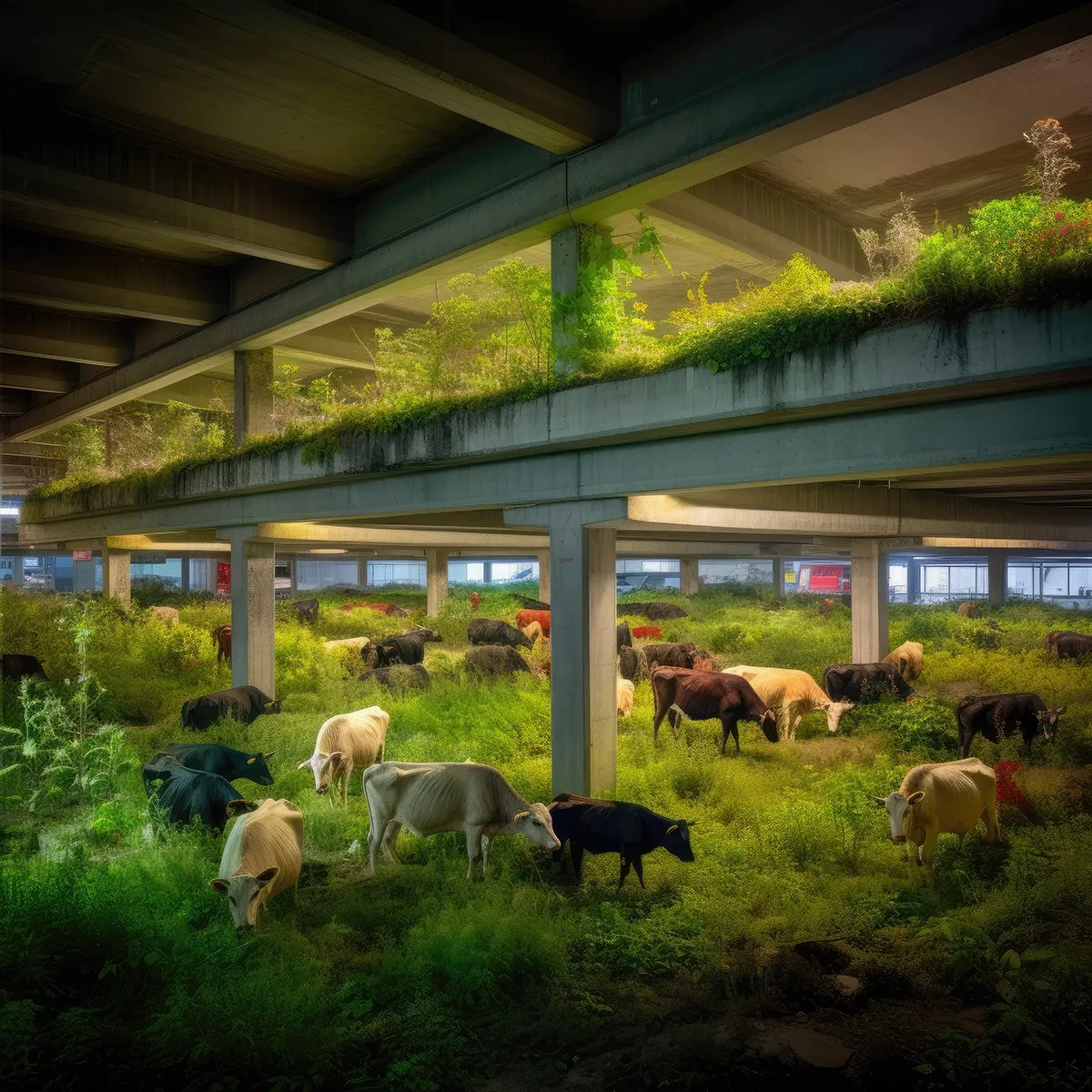 A generated photograph of cows grazing between planters on the deck of a concrete parking garage