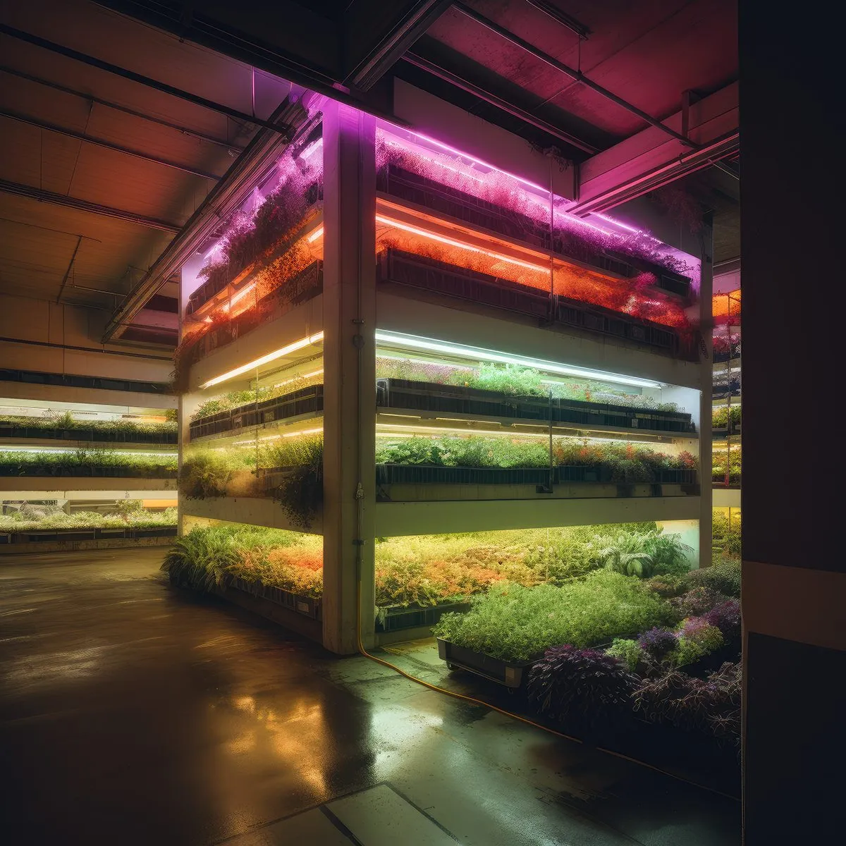 A generated photograph of shelves of vegetables under coloured grow lights inside a garage