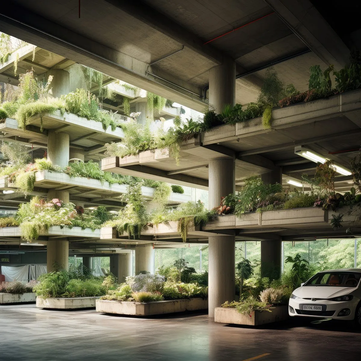 A generated photograph of a parking deck whose bays are filled with planted beds, one car remaining