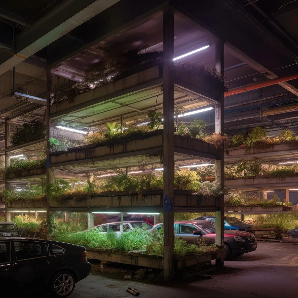 A generated photograph of lit growing shelves next to parked cars