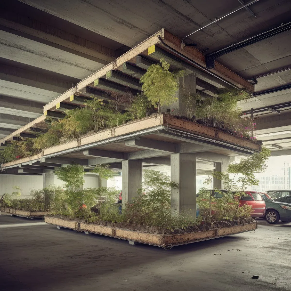 A generated photograph of stacked planted slabs standing free inside a parking structure