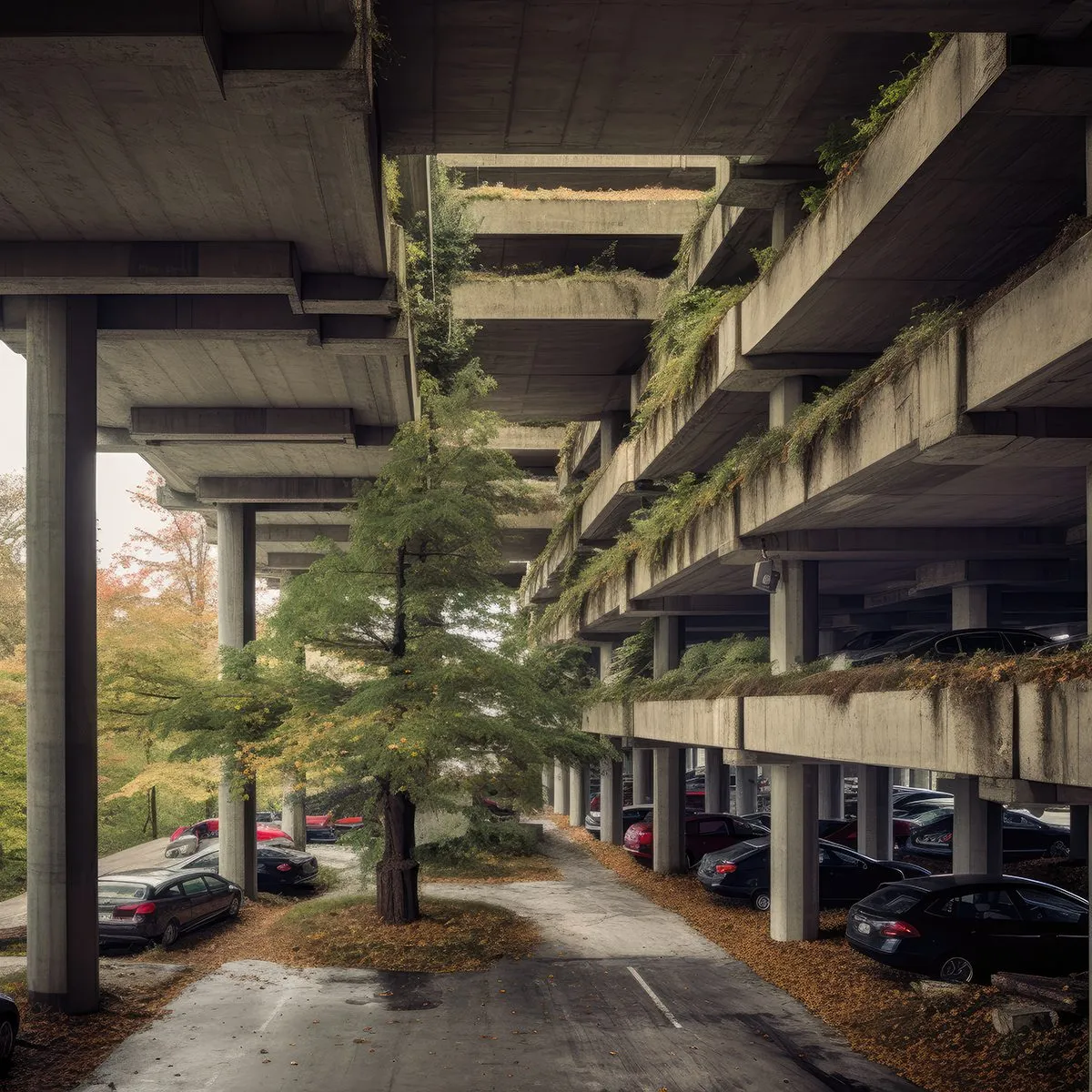 A generated photograph of a tree growing through the decks of a garage between parked cars